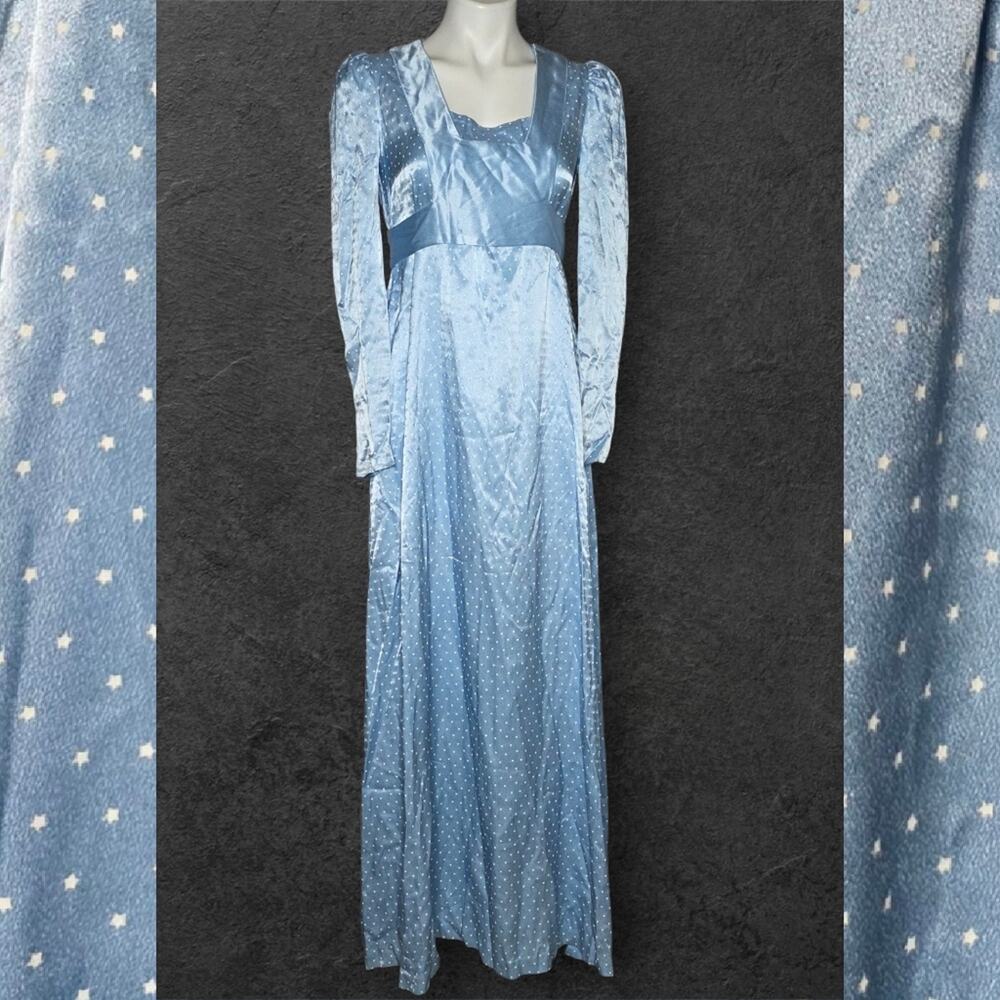 VTG Light Blue Star Print Satin Maxi Dress Renaissance Princess Fairy Godmother